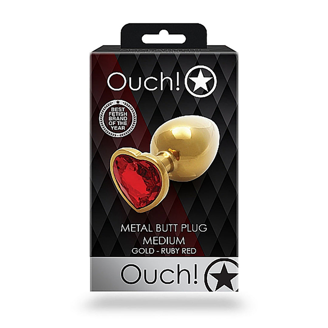 Shots Ouch! Heart Gem Butt Plug Medium - Gold/Ruby Red